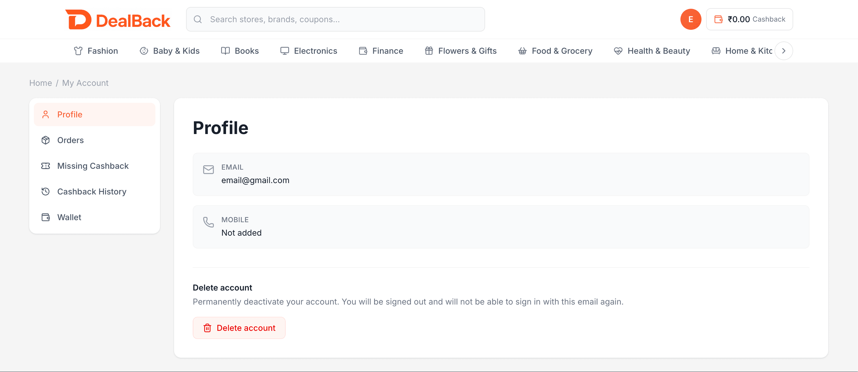 Profile page showing the Delete account button