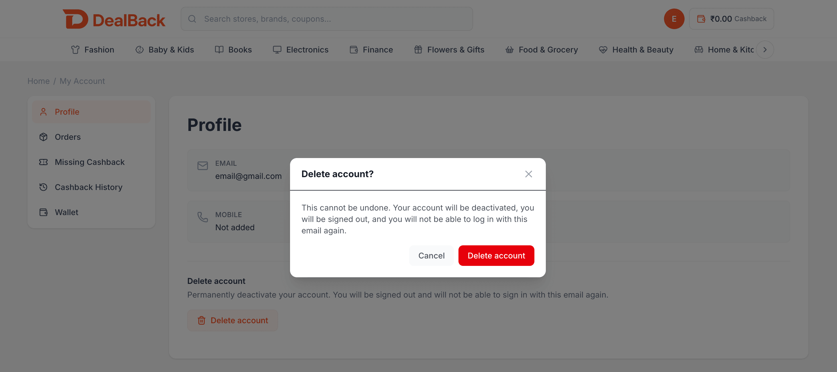 Delete account confirmation dialog